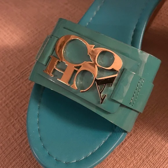 Coach Turquoise Wedge Sandals with Silver Logo - Picture 2 of 6